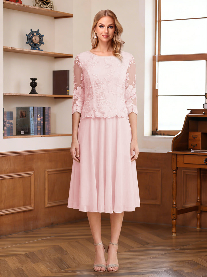 A-Line/Princess Scoop Half Sleeves Tea-Length Mother of the Bride Dresses with Lace&amp;Embroidery