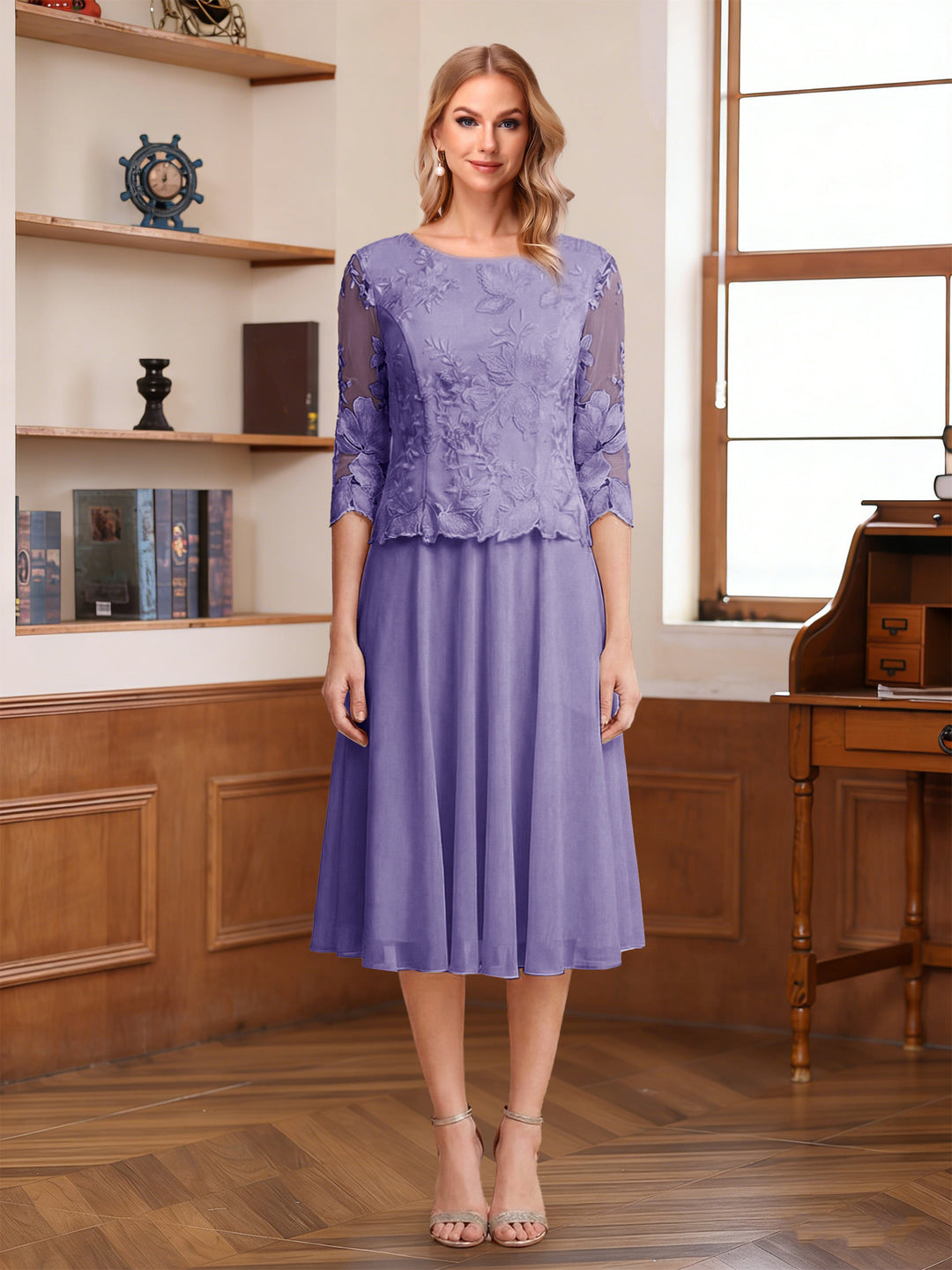 A-Line/Princess Scoop Half Sleeves Tea-Length Mother of the Bride Dresses with Lace&amp;Embroidery