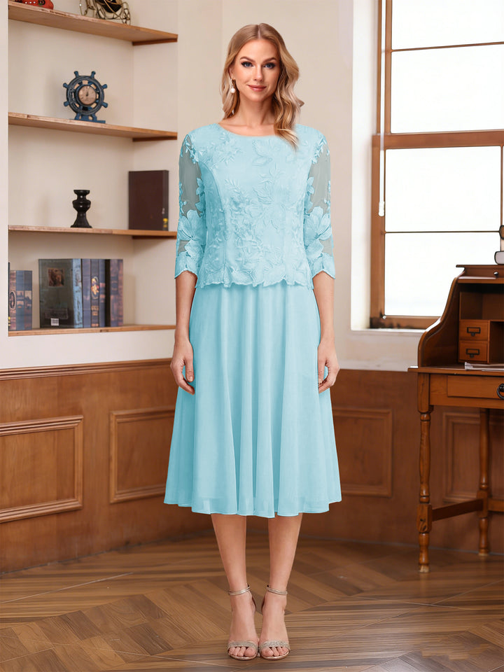 A-Line/Princess Scoop Half Sleeves Tea-Length Mother of the Bride Dresses with Lace&amp;Embroidery