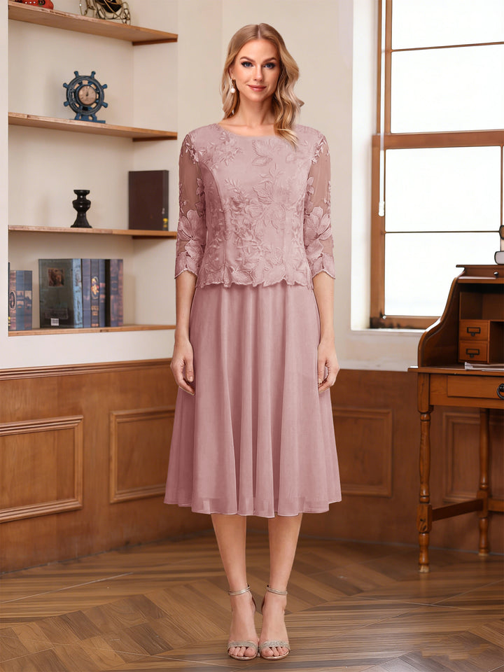A-Line/Princess Scoop Half Sleeves Tea-Length Mother of the Bride Dresses with Lace&amp;Embroidery