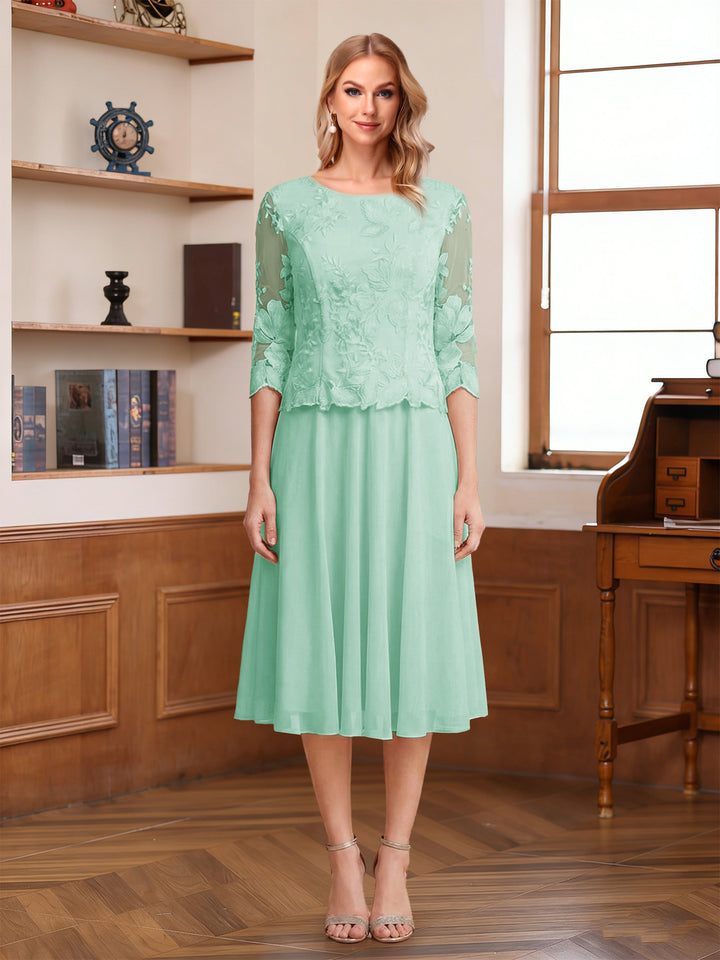 A-Line/Princess Scoop Half Sleeves Tea-Length Mother of the Bride Dresses with Lace&amp;Embroidery