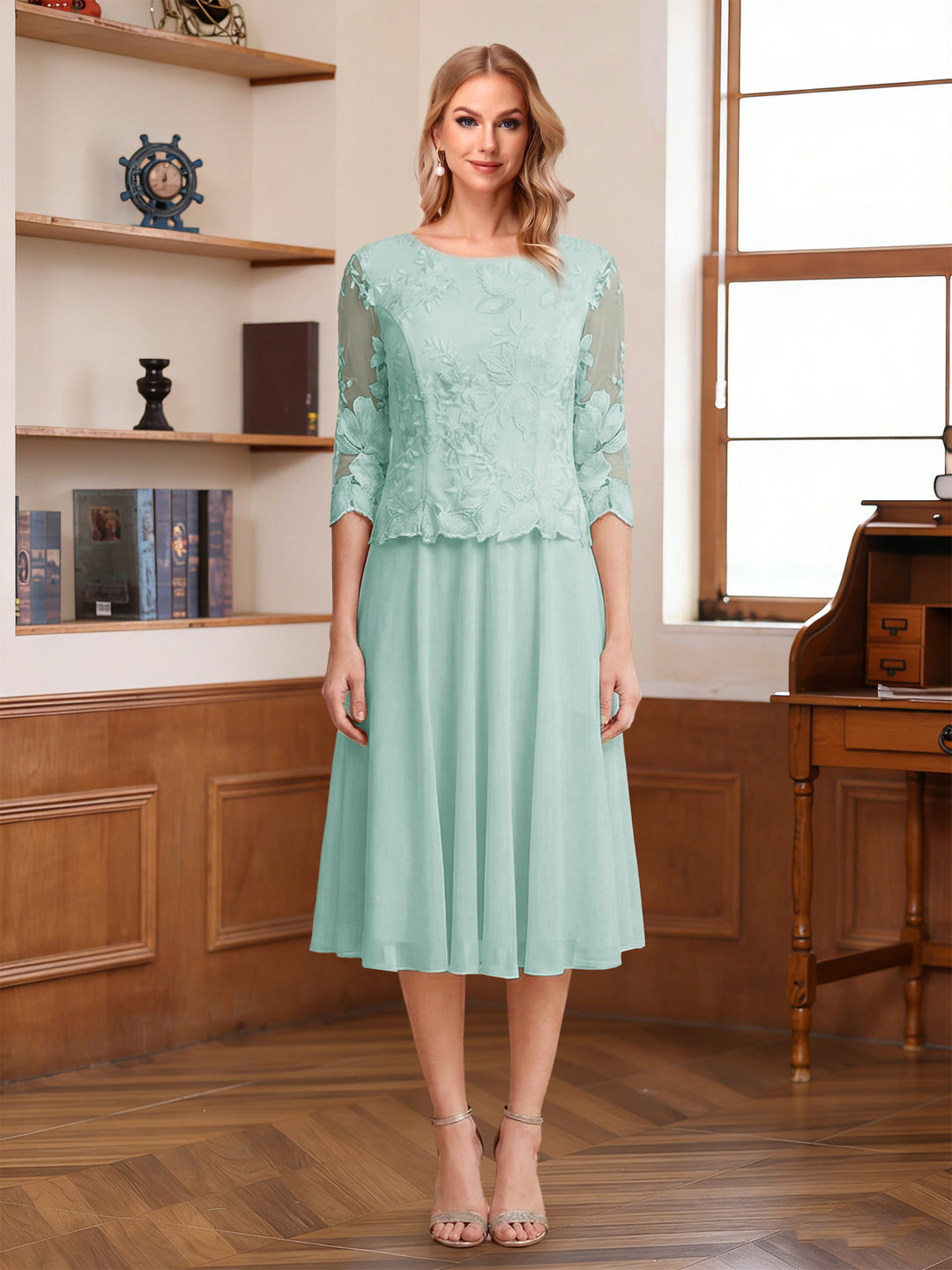 A-Line/Princess Scoop Half Sleeves Tea-Length Mother of the Bride Dresses with Lace&amp;Embroidery