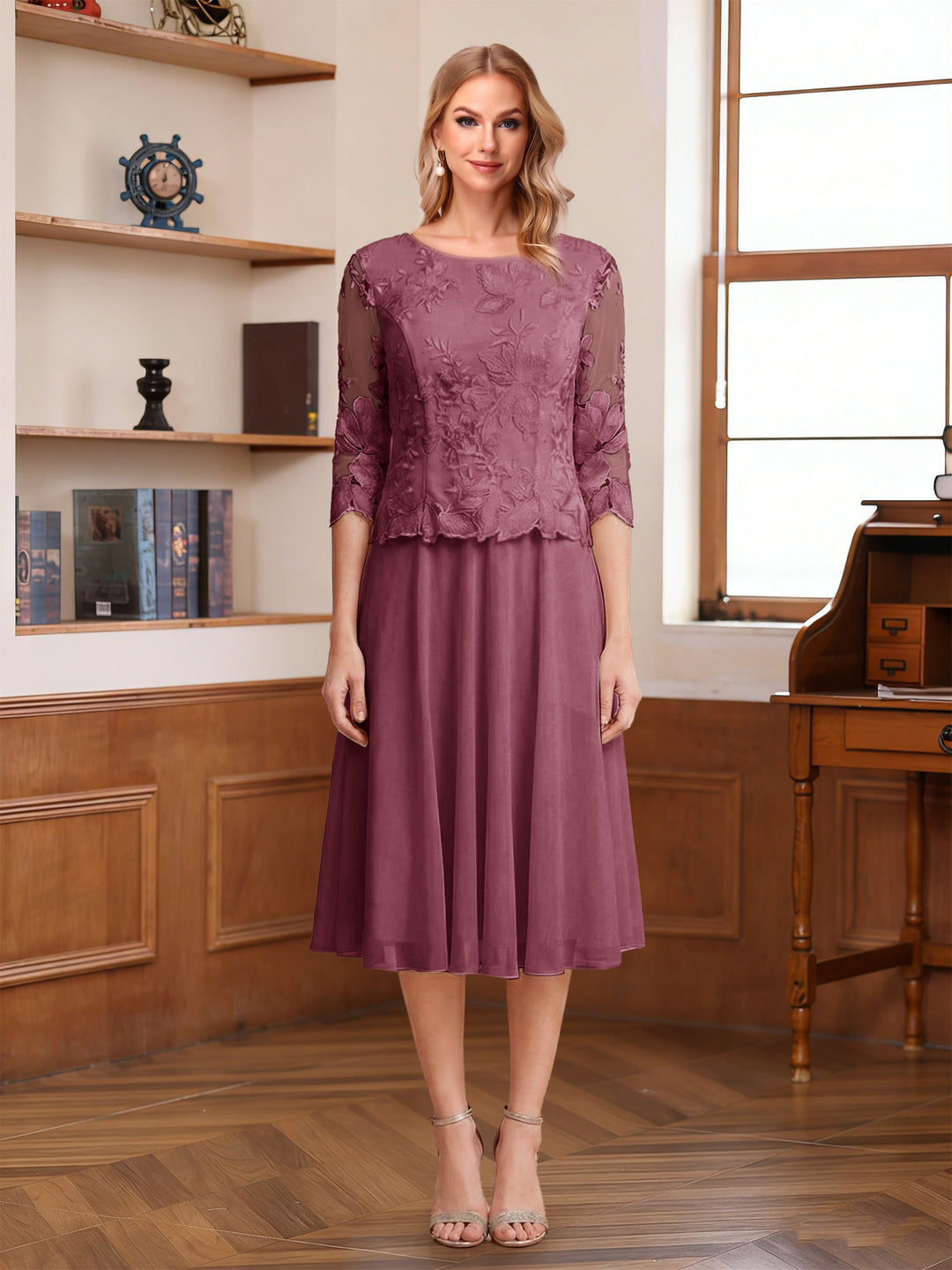 A-Line/Princess Scoop Half Sleeves Tea-Length Mother of the Bride Dresses with Lace&amp;Embroidery
