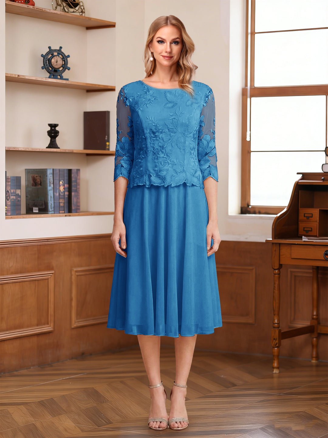 A-Line/Princess Scoop Half Sleeves Tea-Length Mother of the Bride Dresses with Lace&amp;Embroidery