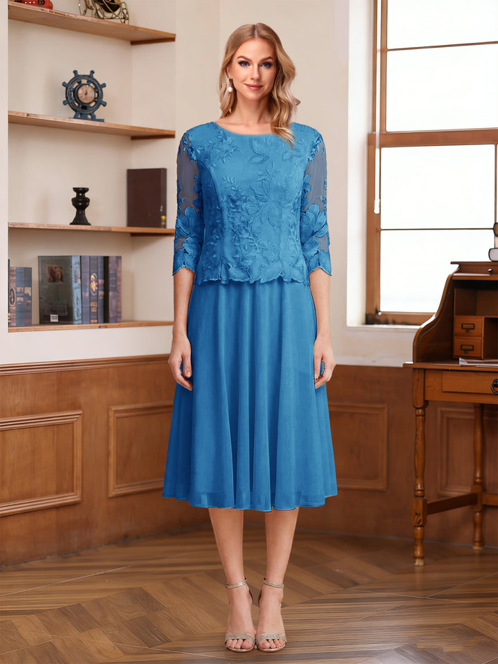 A-Line/Princess Scoop Half Sleeves Tea-Length Mother of the Bride Dresses with Lace&amp;Embroidery