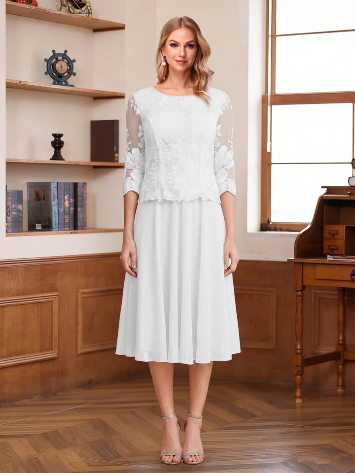 A-Line/Princess Scoop Half Sleeves Tea-Length Mother of the Bride Dresses with Lace&amp;Embroidery