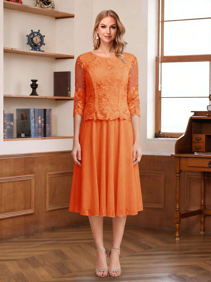 A-Line/Princess Scoop Half Sleeves Tea-Length Mother of the Bride Dresses with Lace&amp;Embroidery