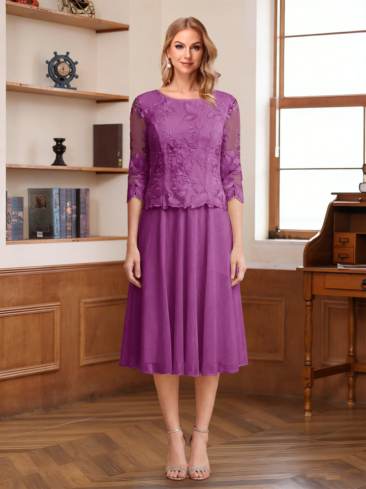 A-Line/Princess Scoop Half Sleeves Tea-Length Mother of the Bride Dresses with Lace&amp;Embroidery