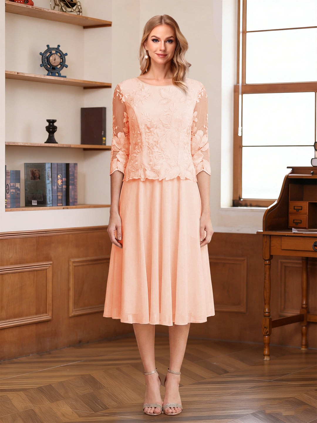 A-Line/Princess Scoop Half Sleeves Tea-Length Mother of the Bride Dresses with Lace&amp;Embroidery
