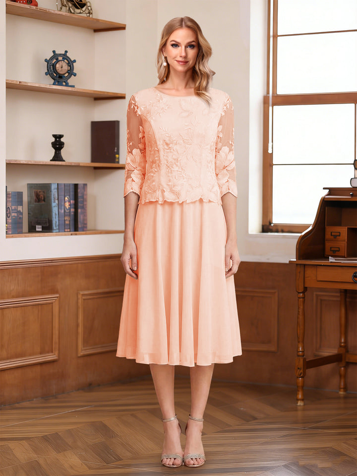 A-Line/Princess Scoop Half Sleeves Tea-Length Mother of the Bride Dresses with Lace&amp;Embroidery