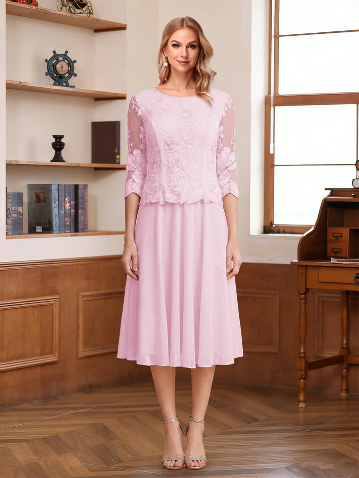 A-Line/Princess Scoop Half Sleeves Tea-Length Mother of the Bride Dresses with Lace&amp;Embroidery