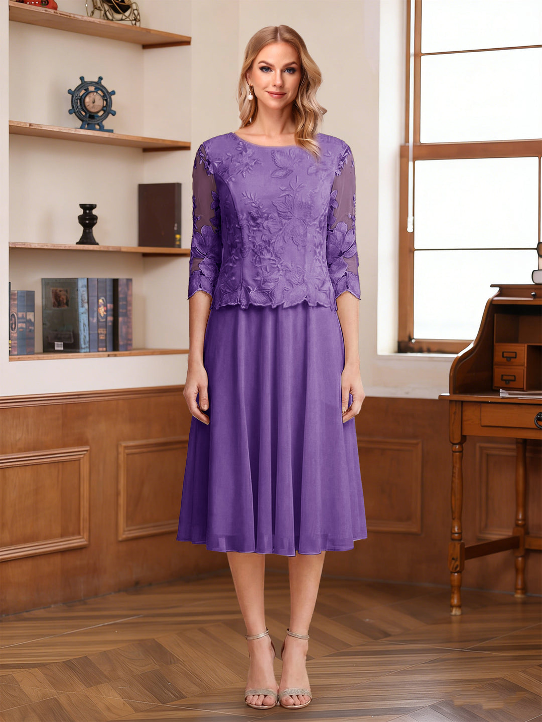 A-Line/Princess Scoop Half Sleeves Tea-Length Mother of the Bride Dresses with Lace&amp;Embroidery