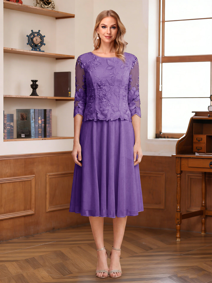 A-Line/Princess Scoop Half Sleeves Tea-Length Mother of the Bride Dresses with Lace&amp;Embroidery