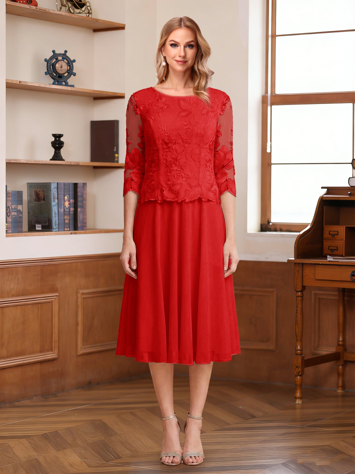 A-Line/Princess Scoop Half Sleeves Tea-Length Mother of the Bride Dresses with Lace&Embroidery
