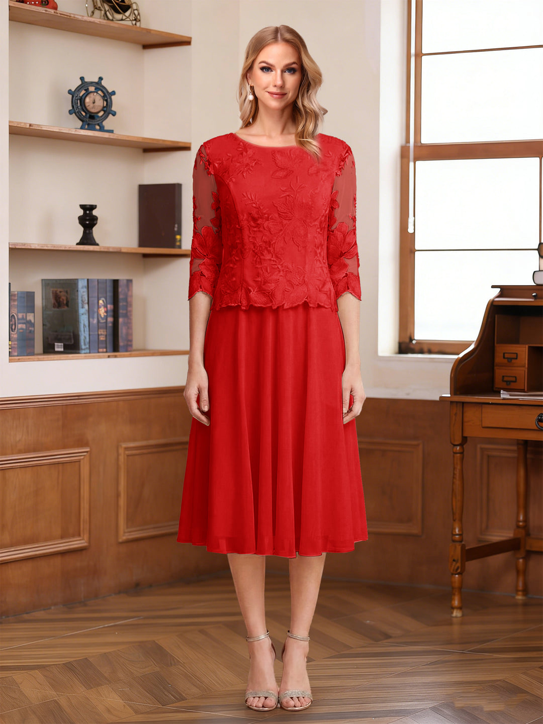 A-Line/Princess Scoop Half Sleeves Tea-Length Mother of the Bride Dresses with Lace&amp;Embroidery