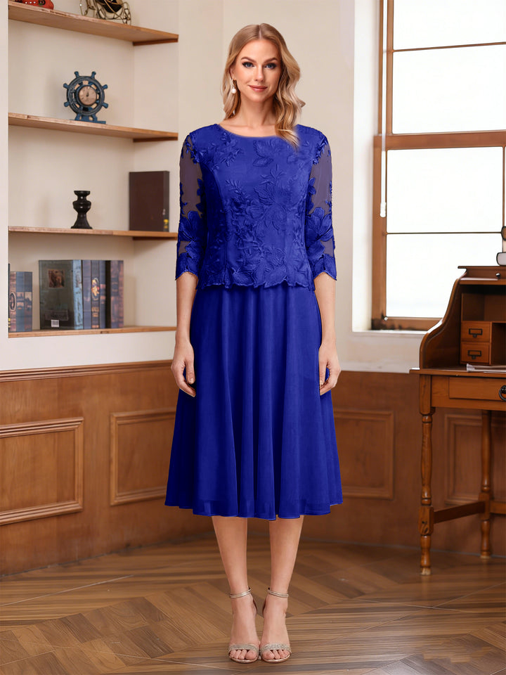 A-Line/Princess Scoop Half Sleeves Tea-Length Mother of the Bride Dresses with Lace&amp;Embroidery