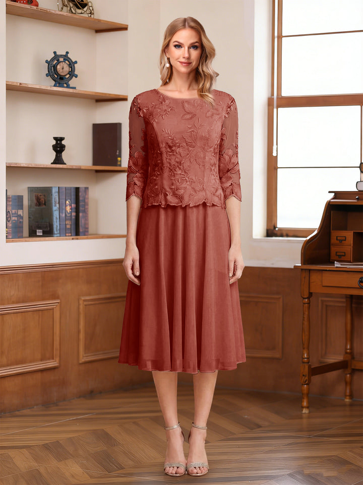 A-Line/Princess Scoop Half Sleeves Tea-Length Mother of the Bride Dresses with Lace&amp;Embroidery