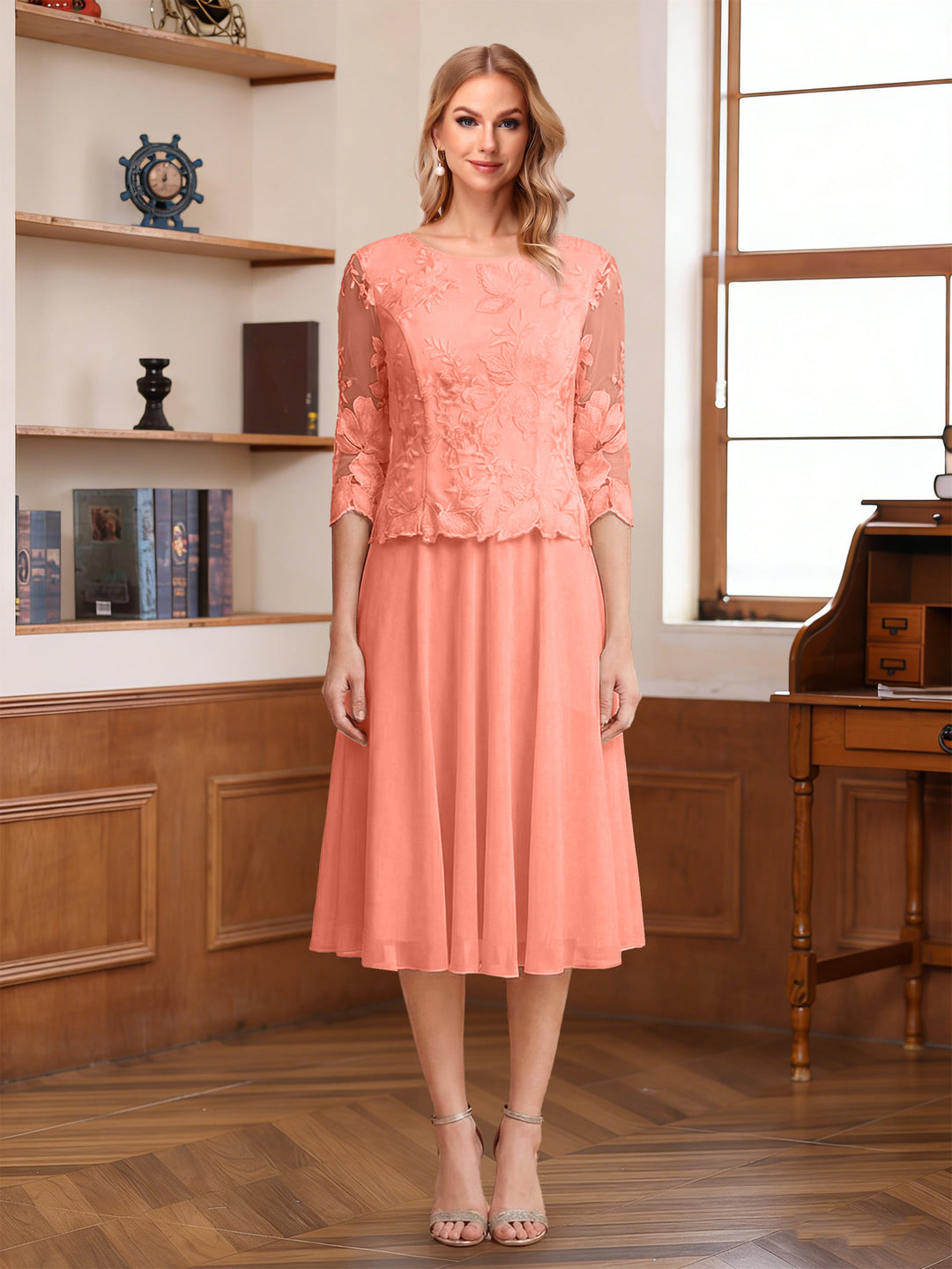 A-Line/Princess Scoop Half Sleeves Tea-Length Mother of the Bride Dresses with Lace&amp;Embroidery