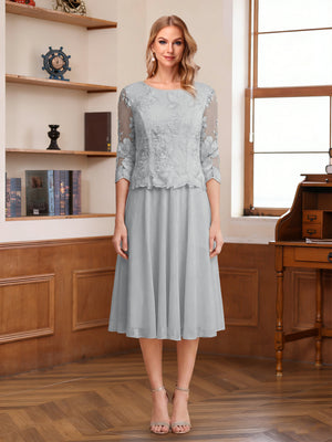 A-Line/Princess Scoop Half Sleeves Tea-Length Mother of the Bride Dresses with Lace&Embroidery