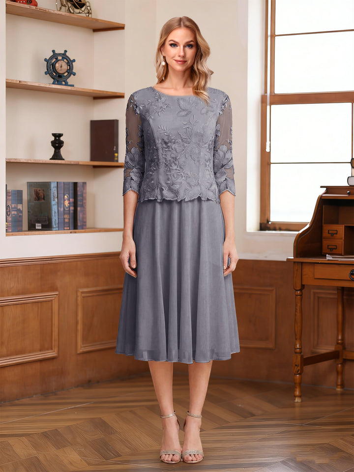 A-Line/Princess Scoop Half Sleeves Tea-Length Mother of the Bride Dresses with Lace&amp;Embroidery