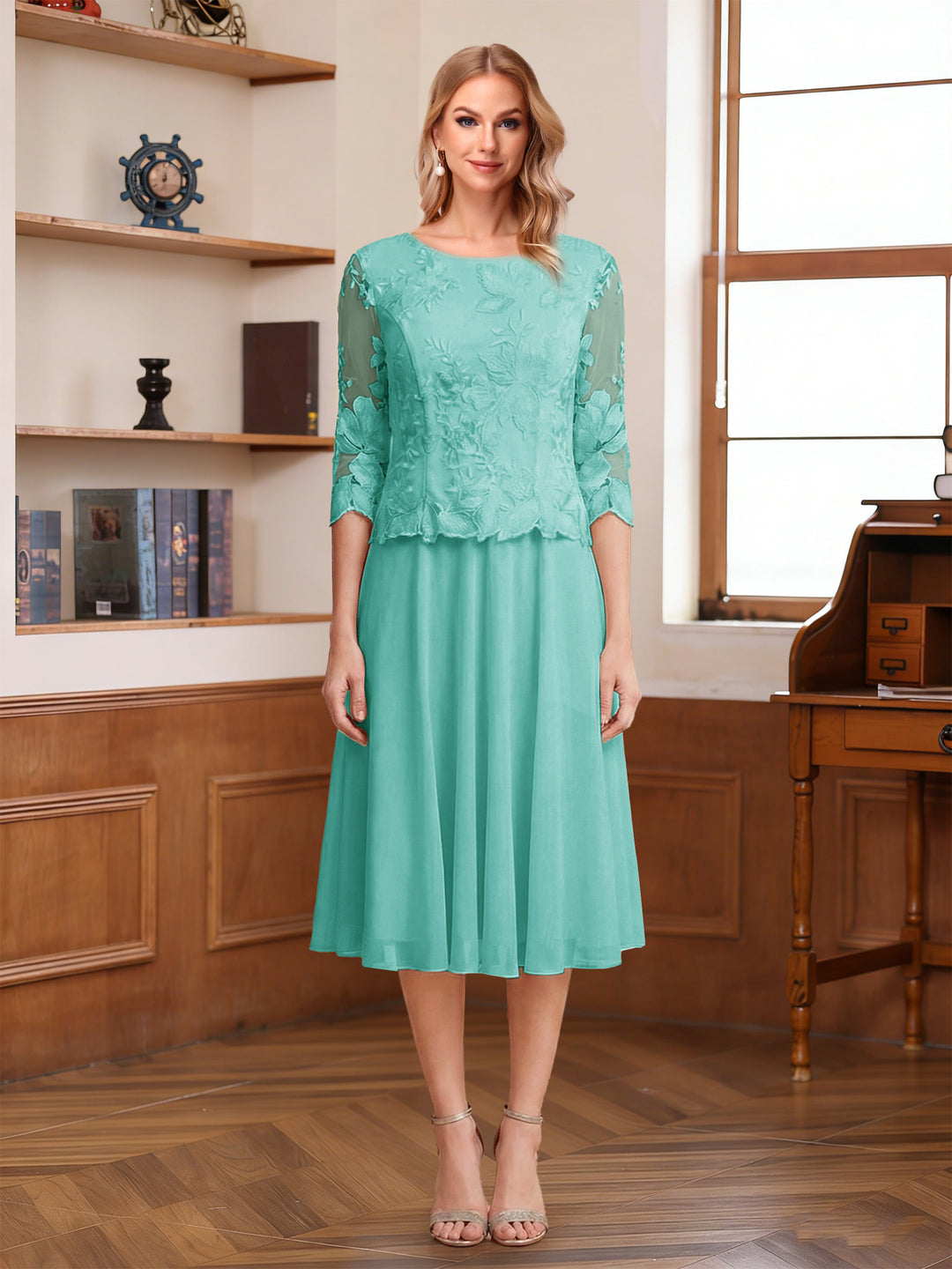 A-Line/Princess Scoop Half Sleeves Tea-Length Mother of the Bride Dresses with Lace&amp;Embroidery