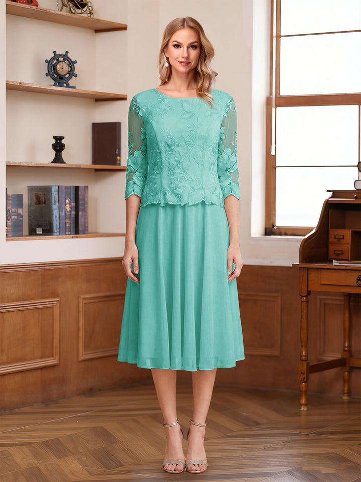 A-Line/Princess Scoop Half Sleeves Tea-Length Mother of the Bride Dresses with Lace&amp;Embroidery