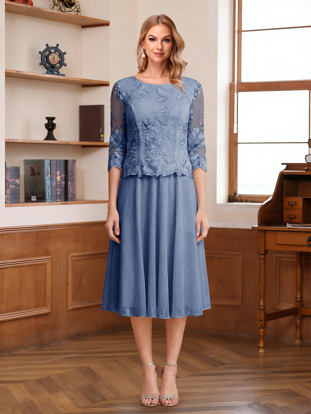 A-Line/Princess Scoop Half Sleeves Tea-Length Mother of the Bride Dresses with Lace&amp;Embroidery