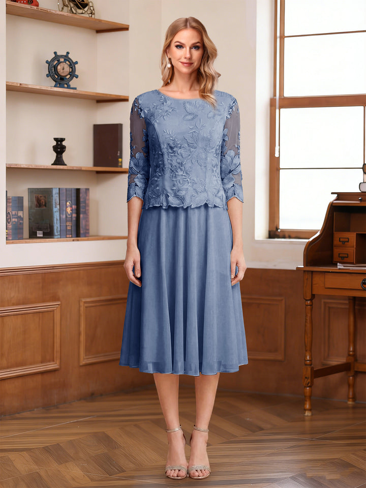 A-Line/Princess Scoop Half Sleeves Tea-Length Mother of the Bride Dresses with Lace&amp;Embroidery