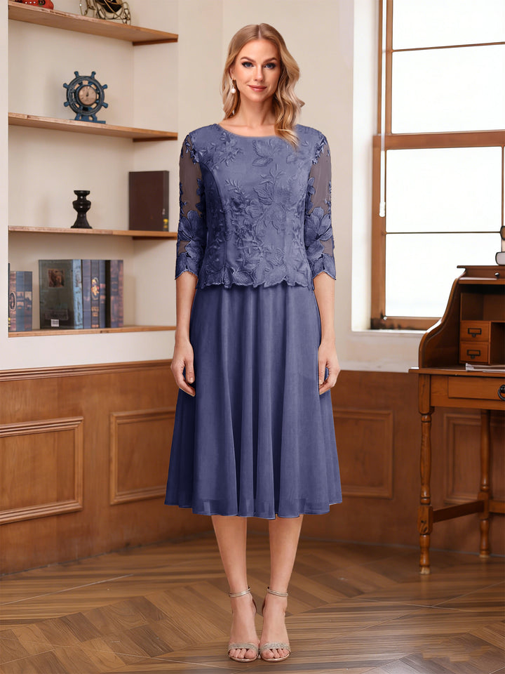 A-Line/Princess Scoop Half Sleeves Tea-Length Mother of the Bride Dresses with Lace&amp;Embroidery