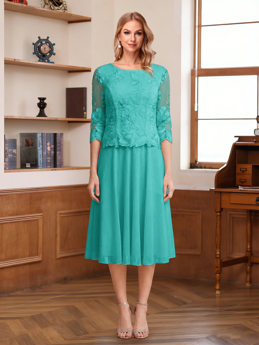 A-Line/Princess Scoop Half Sleeves Tea-Length Mother of the Bride Dresses with Lace&amp;Embroidery