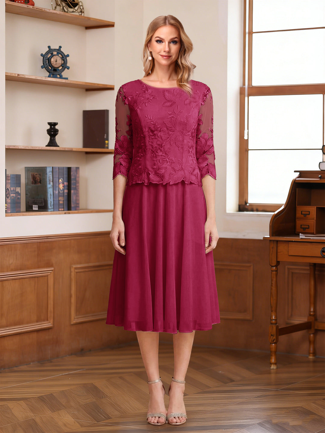 A-Line/Princess Scoop Half Sleeves Tea-Length Mother of the Bride Dresses with Lace&amp;Embroidery