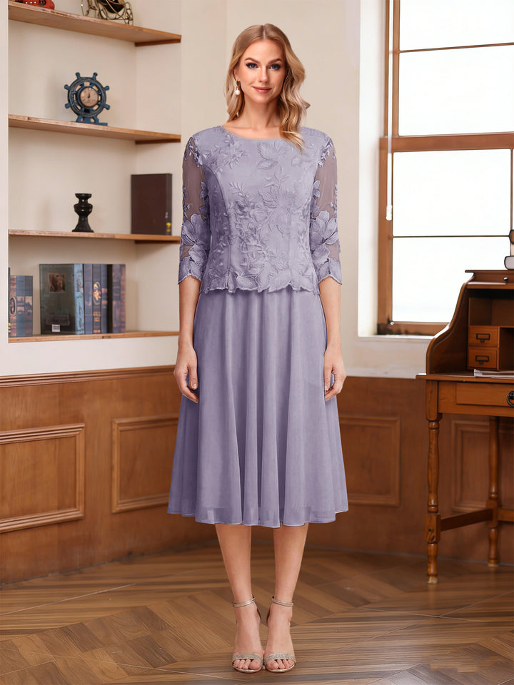 A-Line/Princess Scoop Half Sleeves Tea-Length Mother of the Bride Dresses with Lace&amp;Embroidery