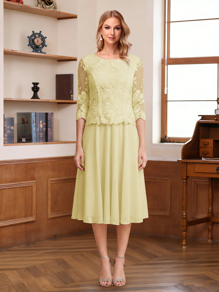 A-Line/Princess Scoop Half Sleeves Tea-Length Mother of the Bride Dresses with Lace&amp;Embroidery