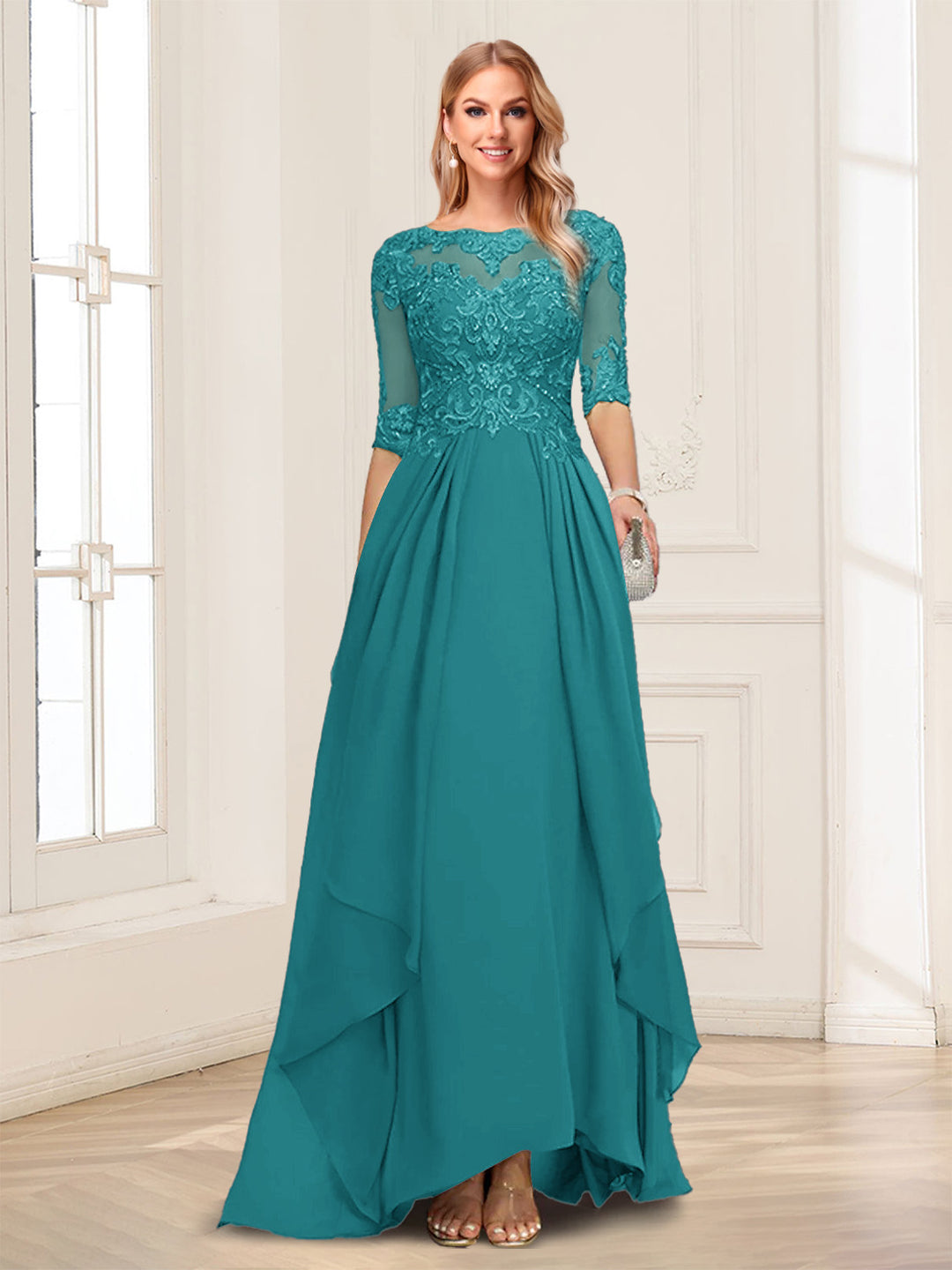 A-Line/Princess Scoop Half Sleeves Floor-Length Mother of the Bride Dresses with Lace