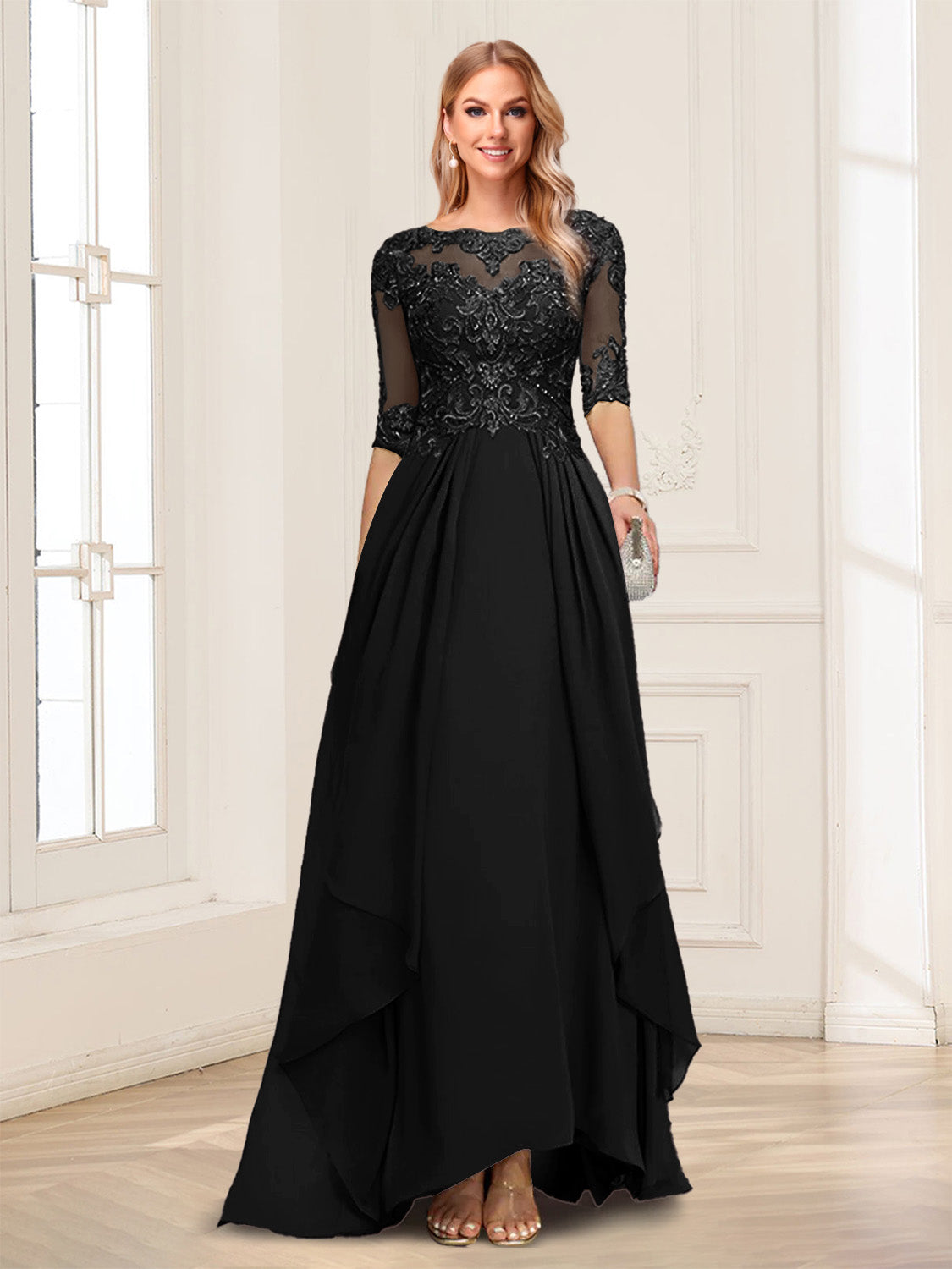 A-Line/Princess Scoop Half Sleeves Floor-Length Mother of the Bride Dresses with Lace