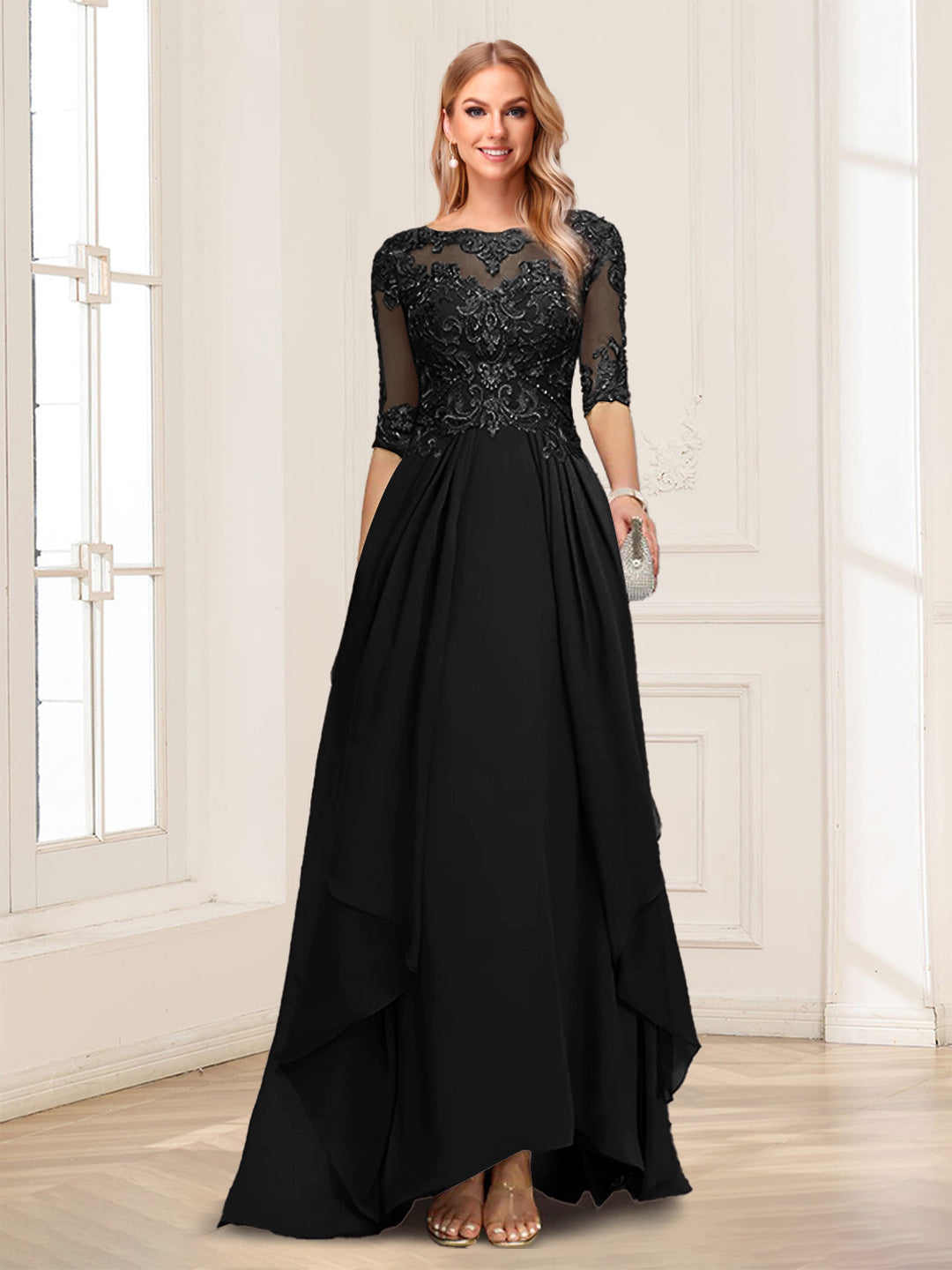 A-Line/Princess Scoop Half Sleeves Floor-Length Mother of the Bride Dresses with Lace