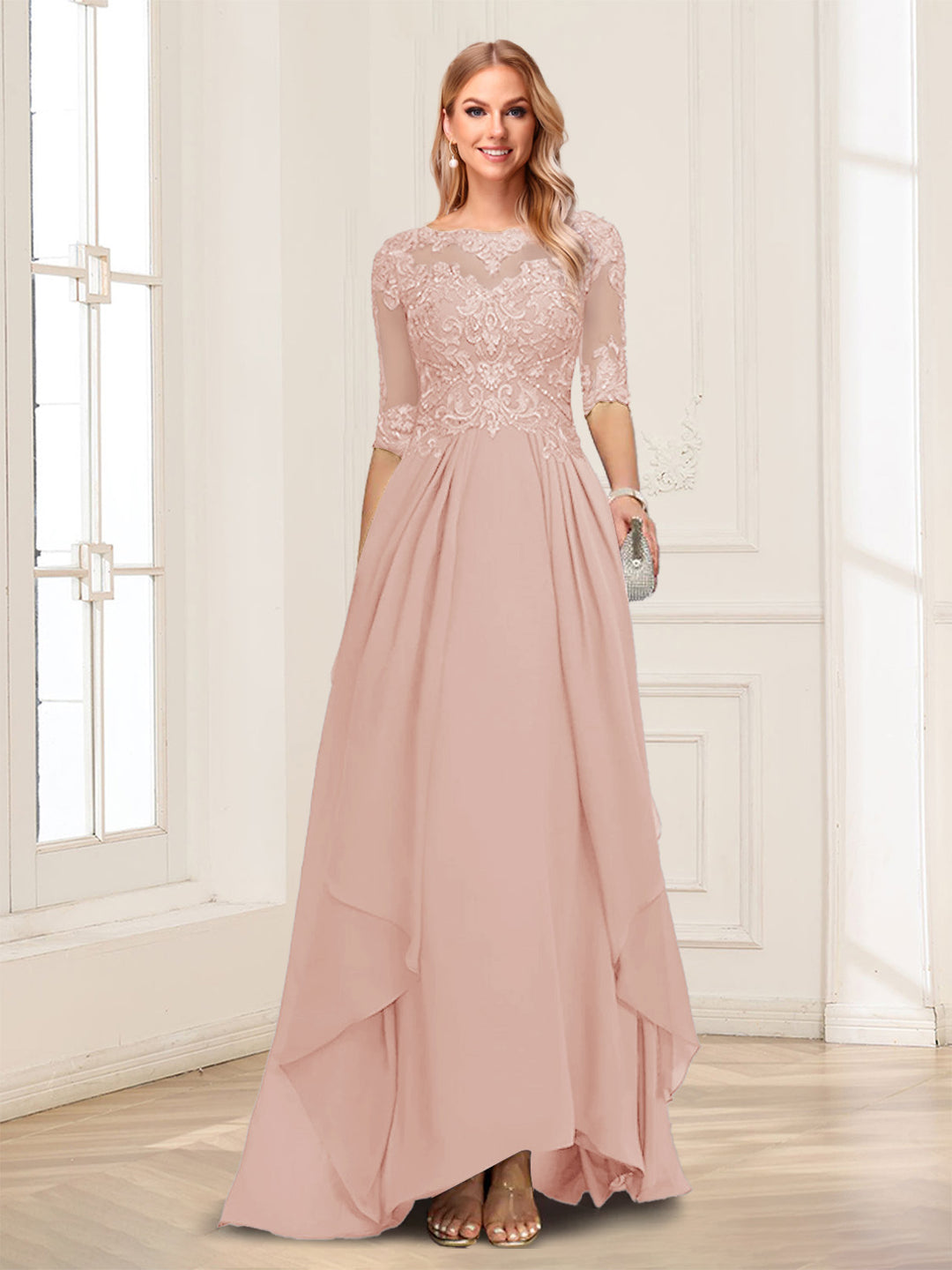A-Line/Princess Scoop Half Sleeves Floor-Length Mother of the Bride Dresses with Lace