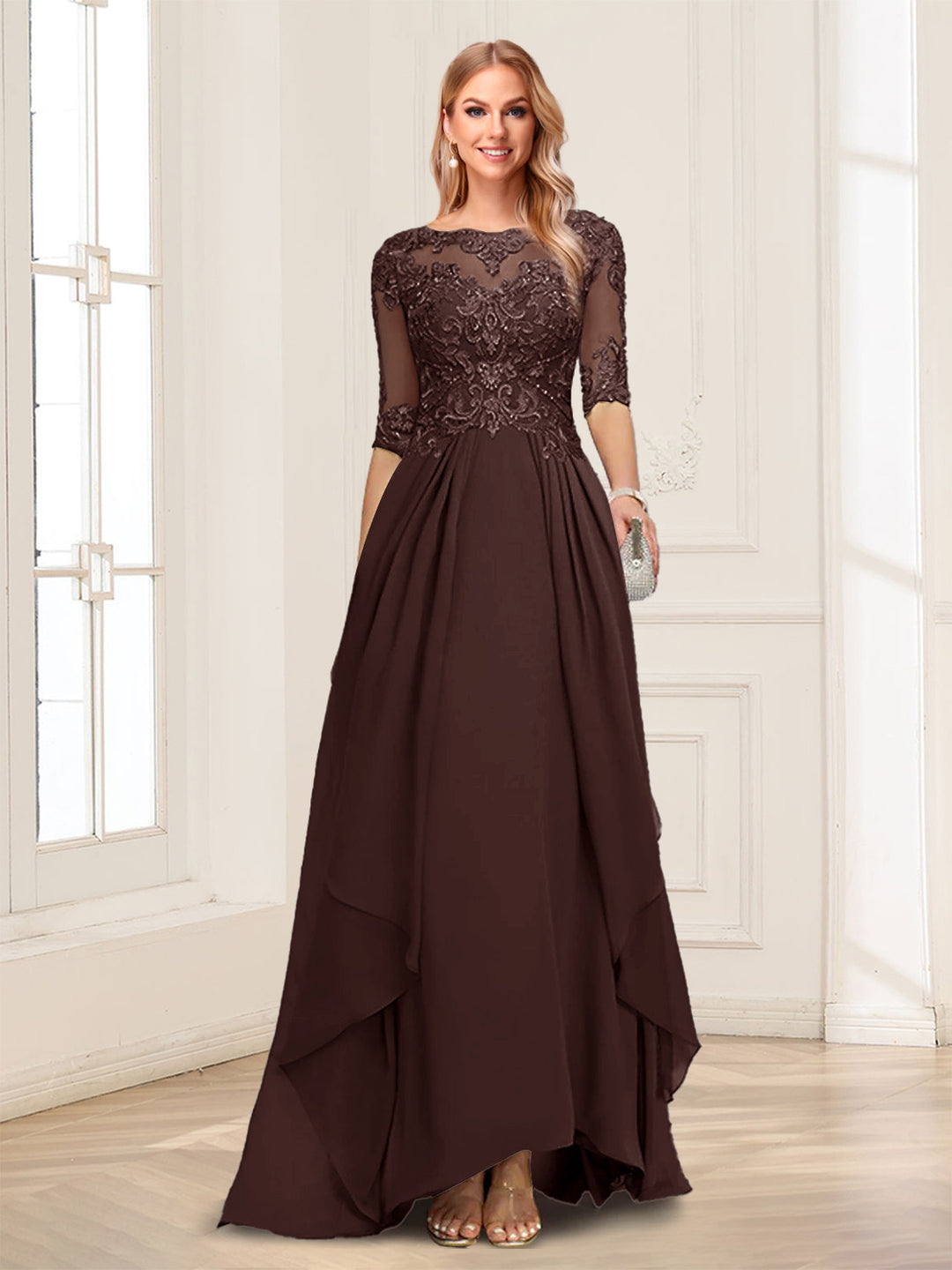 A-Line/Princess Scoop Half Sleeves Floor-Length Mother of the Bride Dresses with Lace