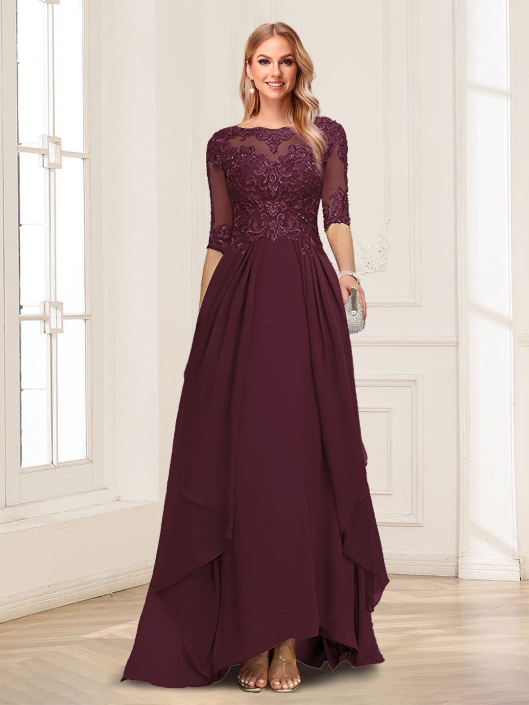 A-Line/Princess Scoop Half Sleeves Floor-Length Mother of the Bride Dresses with Lace