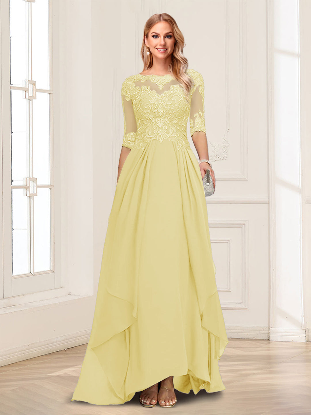A-Line/Princess Scoop Half Sleeves Floor-Length Mother of the Bride Dresses with Lace