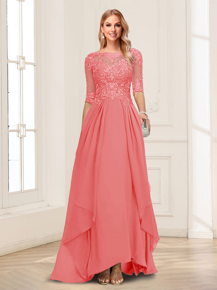 A-Line/Princess Scoop Half Sleeves Floor-Length Mother of the Bride Dresses with Lace