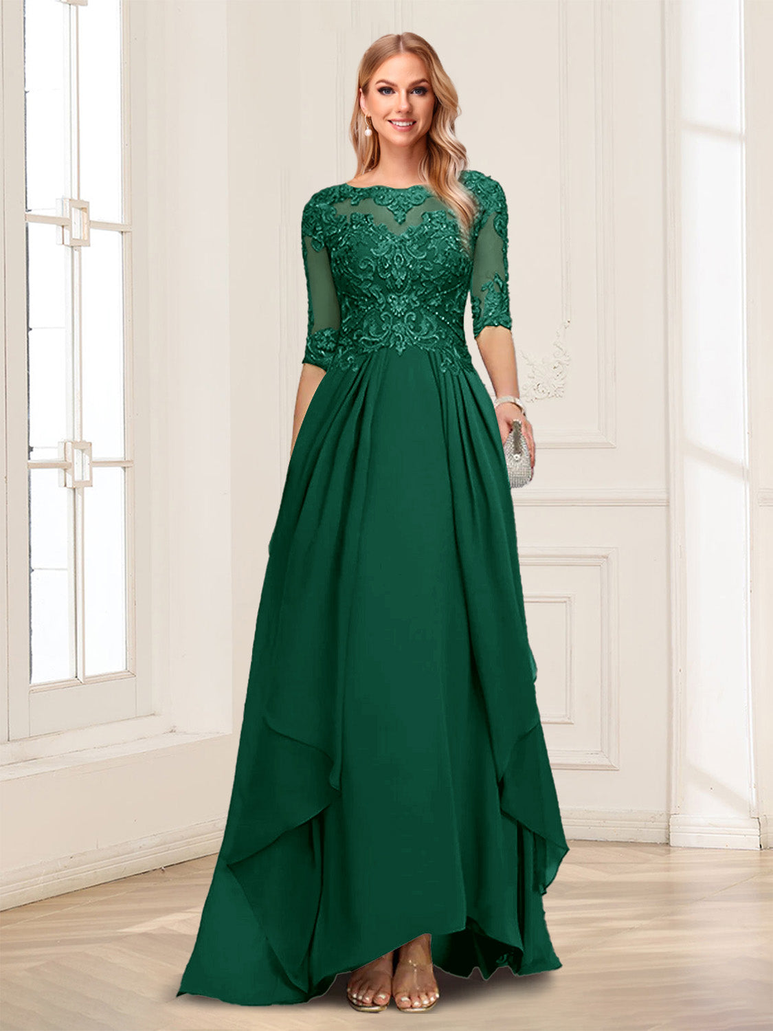 A-Line/Princess Scoop Half Sleeves Floor-Length Mother of the Bride Dresses with Lace