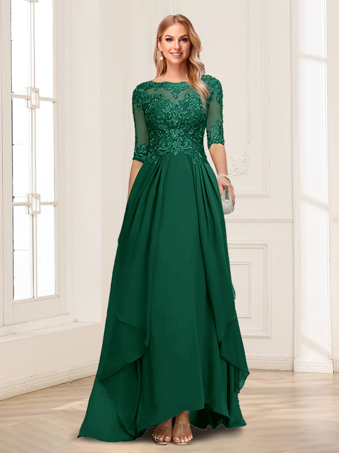 A-Line/Princess Scoop Half Sleeves Floor-Length Mother of the Bride Dresses with Lace