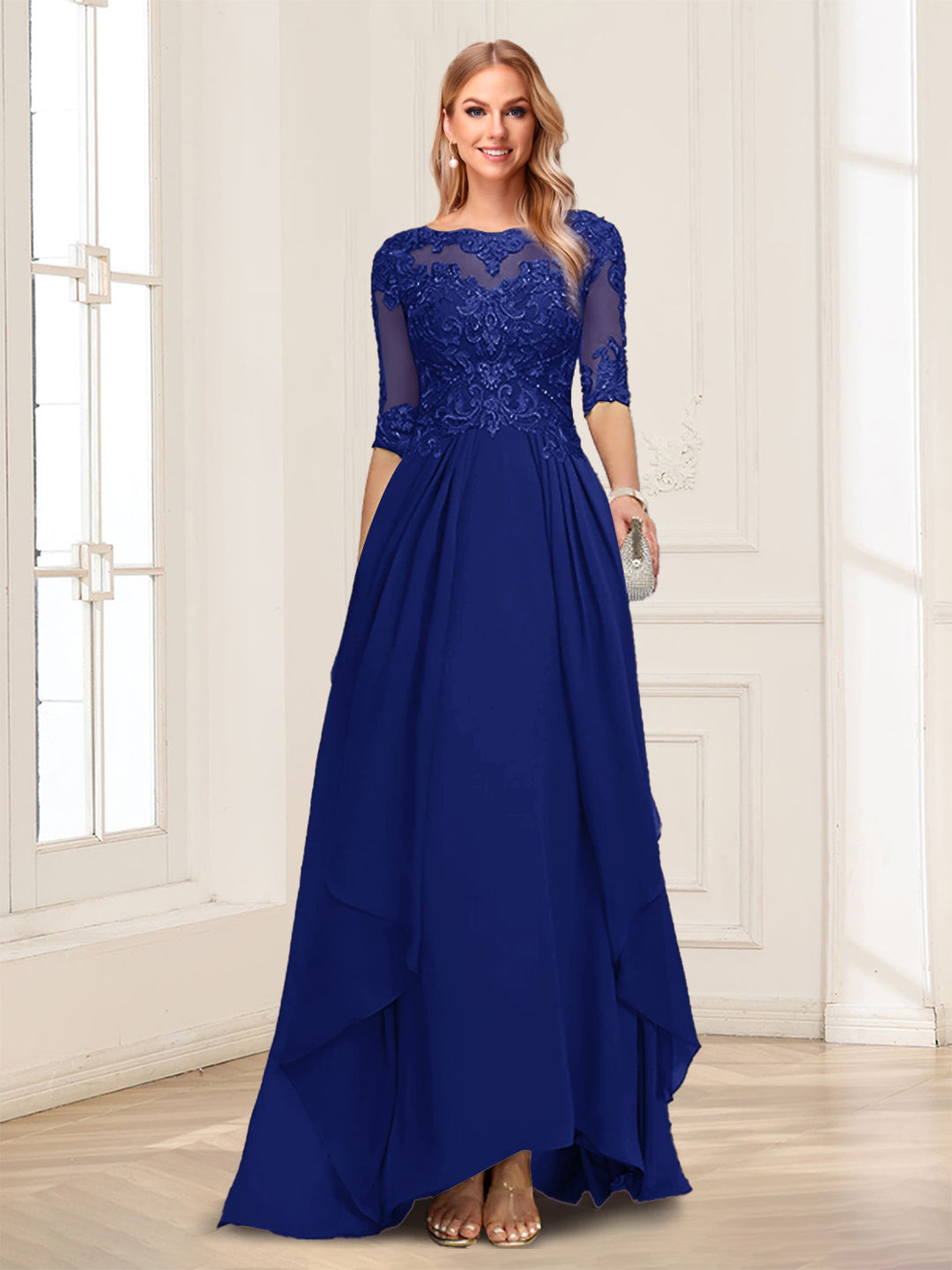 A-Line/Princess Scoop Half Sleeves Floor-Length Mother of the Bride Dresses with Lace
