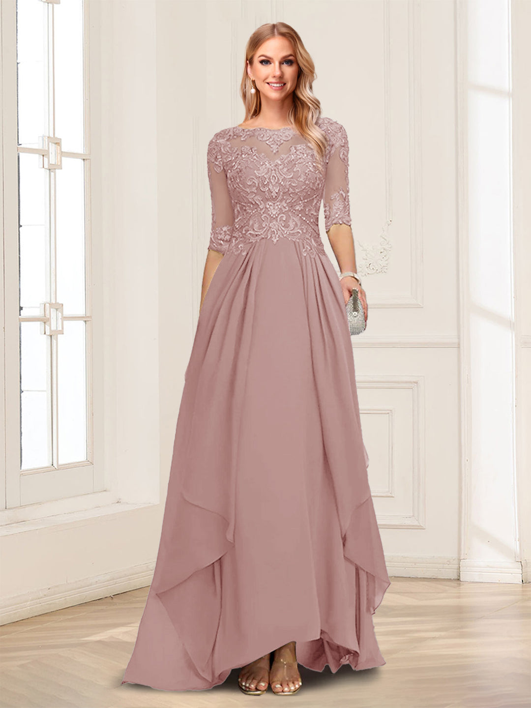 A-Line/Princess Scoop Half Sleeves Floor-Length Mother of the Bride Dresses with Lace