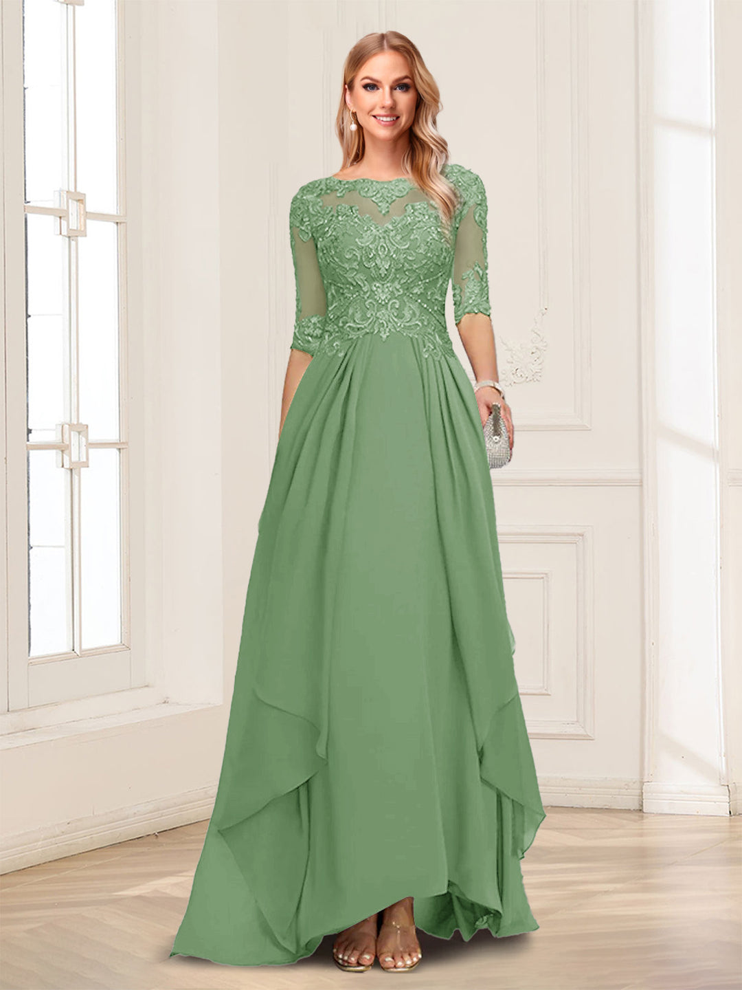 A-Line/Princess Scoop Half Sleeves Floor-Length Mother of the Bride Dresses with Lace
