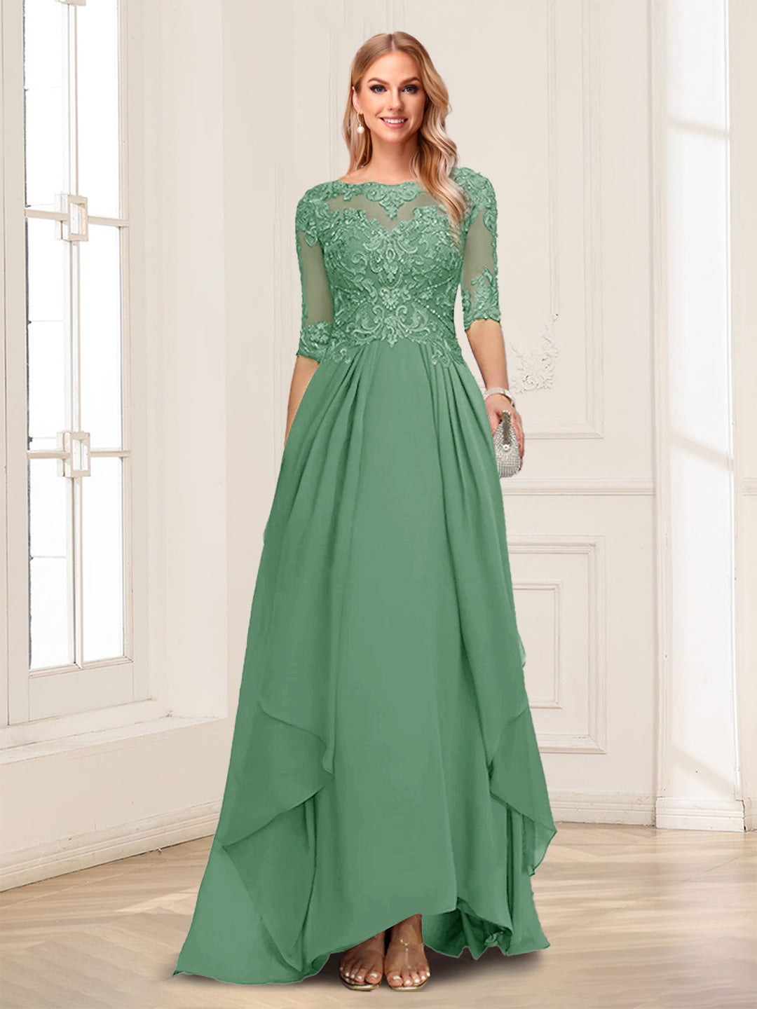 A-Line/Princess Scoop Half Sleeves Floor-Length Mother of the Bride Dresses with Lace
