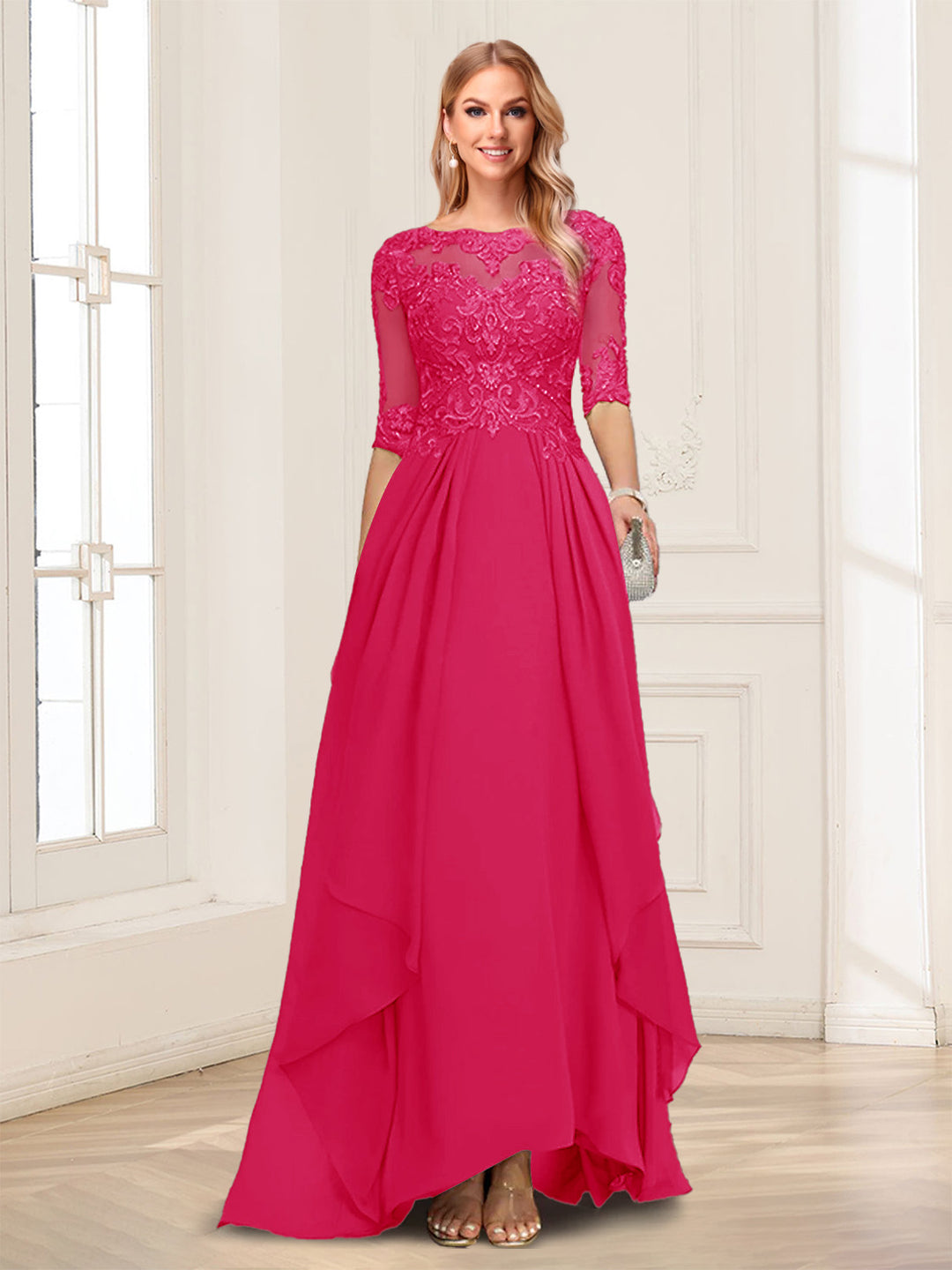 A-Line/Princess Scoop Half Sleeves Floor-Length Mother of the Bride Dresses with Lace