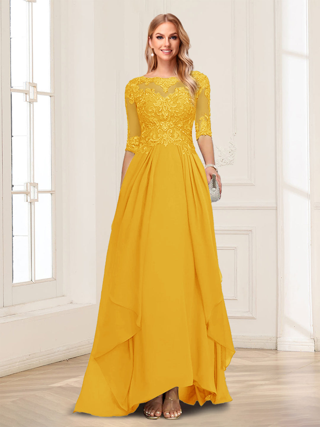 A-Line/Princess Scoop Half Sleeves Floor-Length Mother of the Bride Dresses with Lace