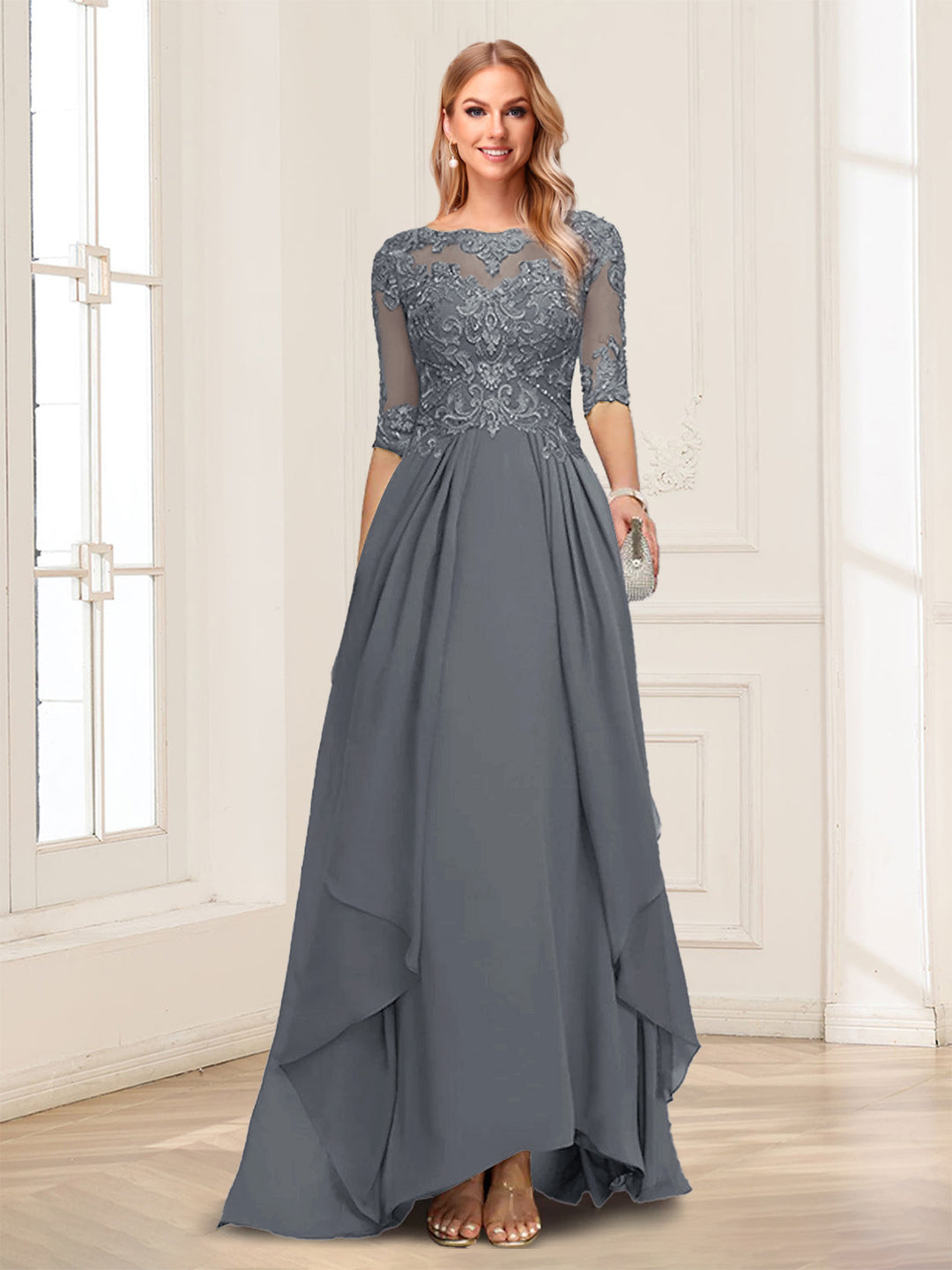 A-Line/Princess Scoop Half Sleeves Floor-Length Mother of the Bride Dresses with Lace